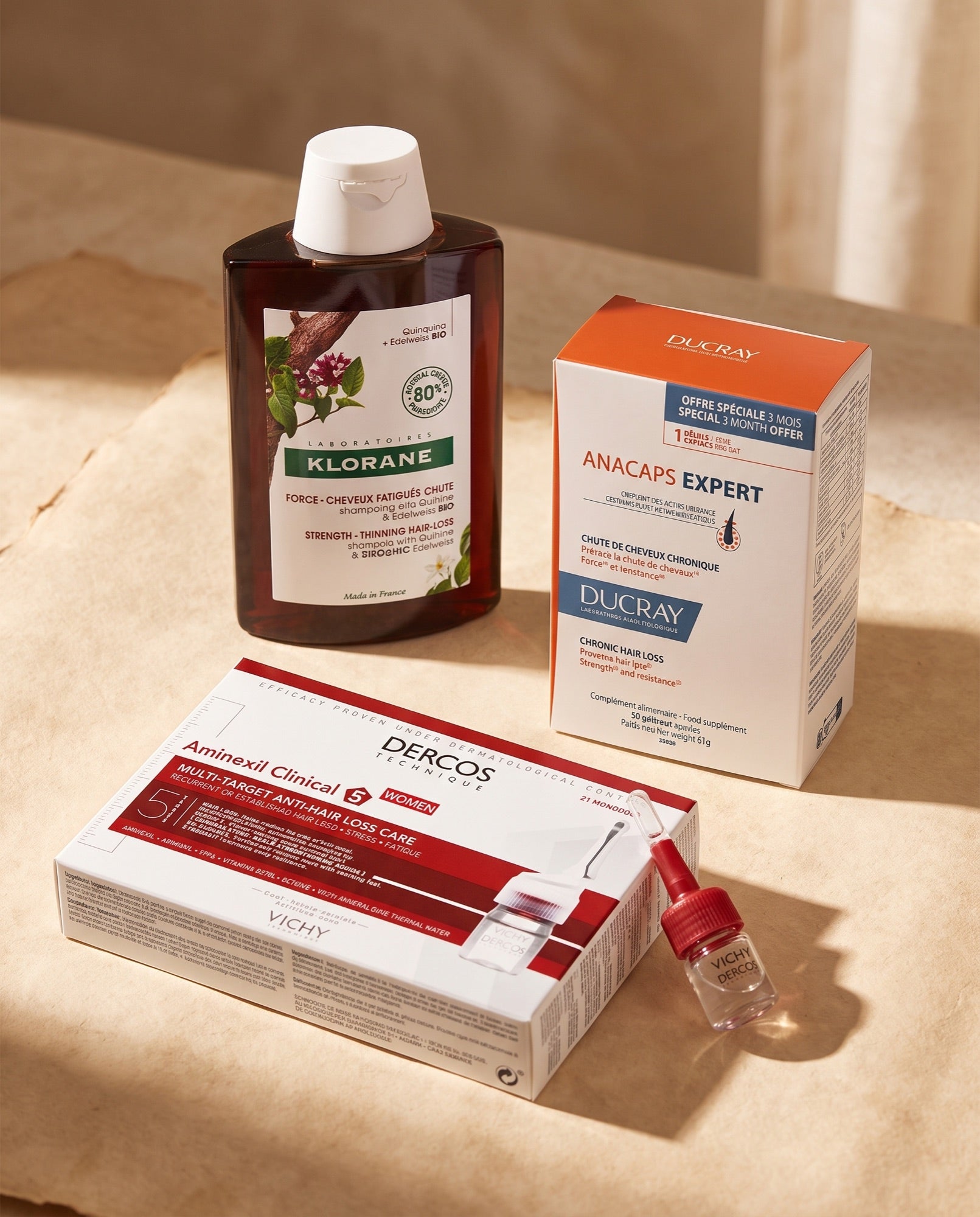 Cure anti-chute : Vichy Dercos, Ducray Anacaps et shampooing Klorane