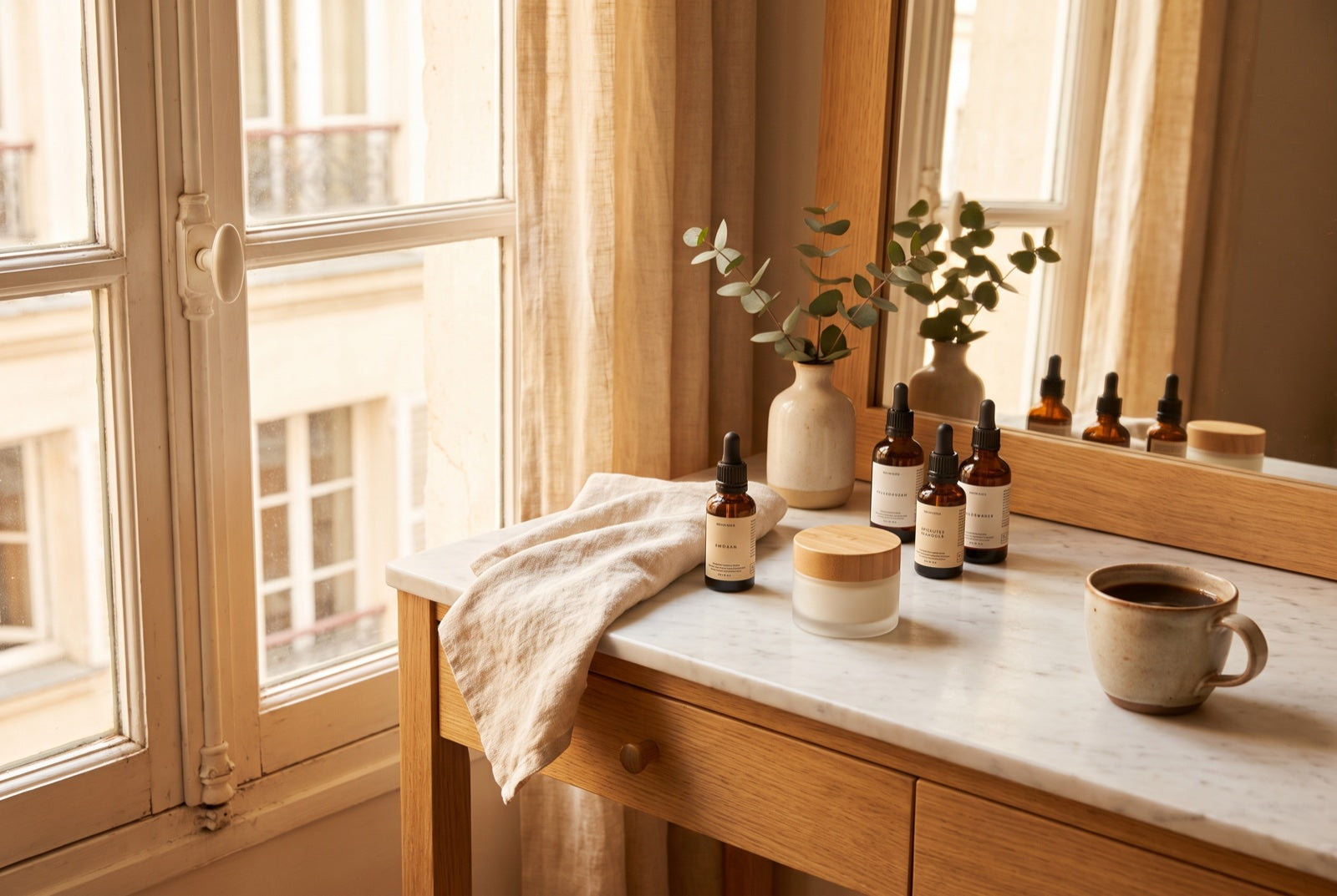 Le rituel posé sur la coiffeuse : sérums, crème, lin et lumière du matin